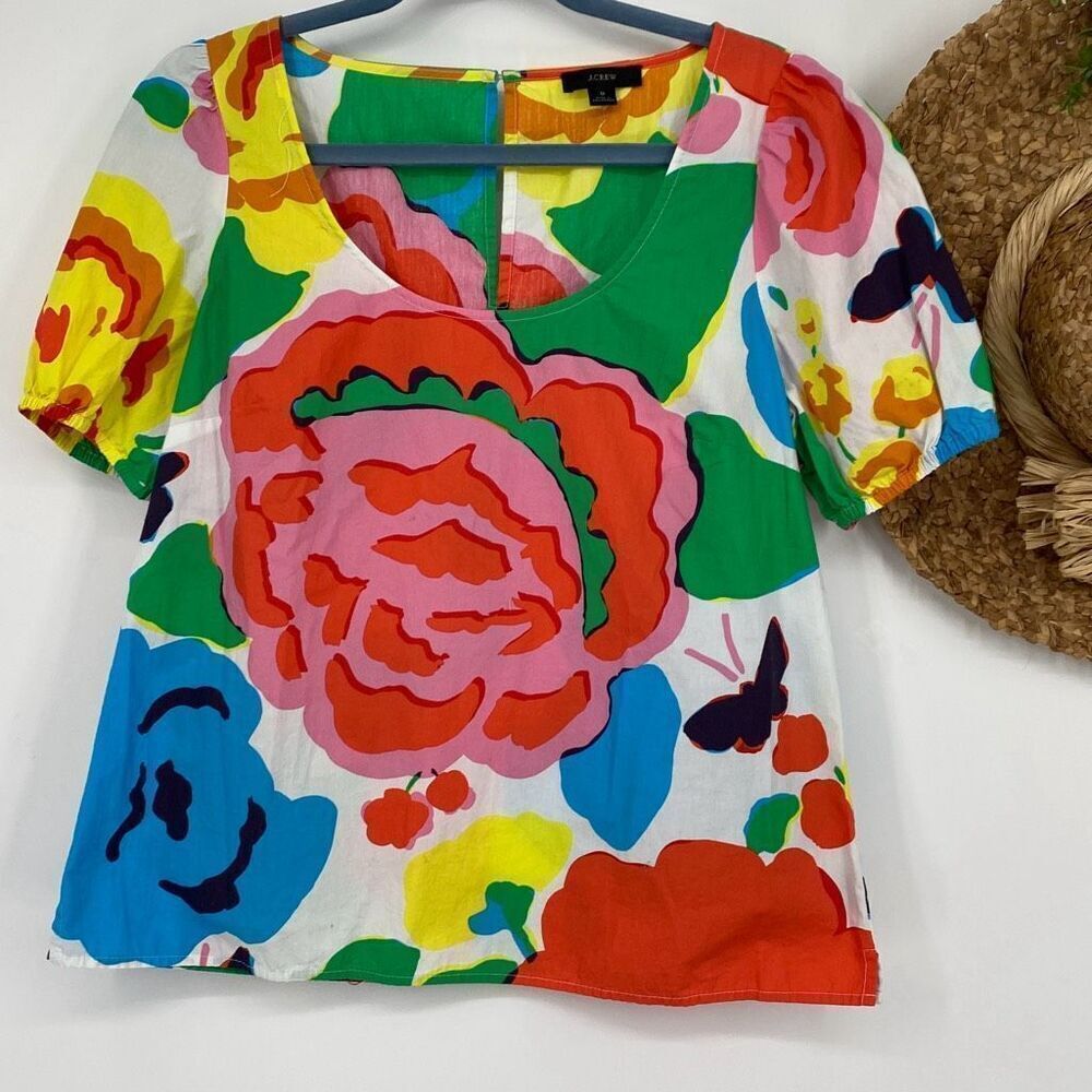 J. Crew Women's Floral Graphic Print Cotton Puff Sleeve Blouse Multicolor Size 8